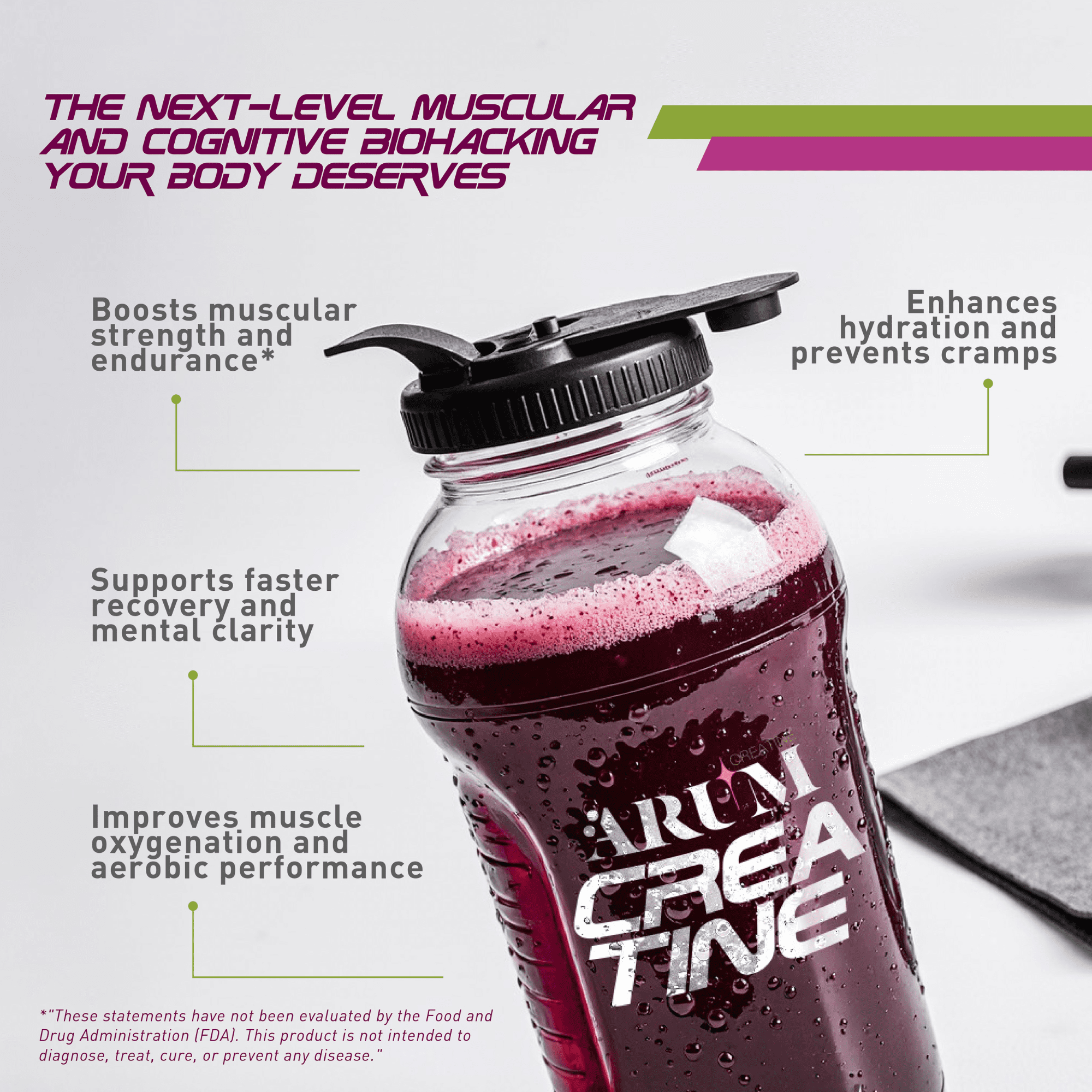 Creatine supplement bottle with health benefits listed.