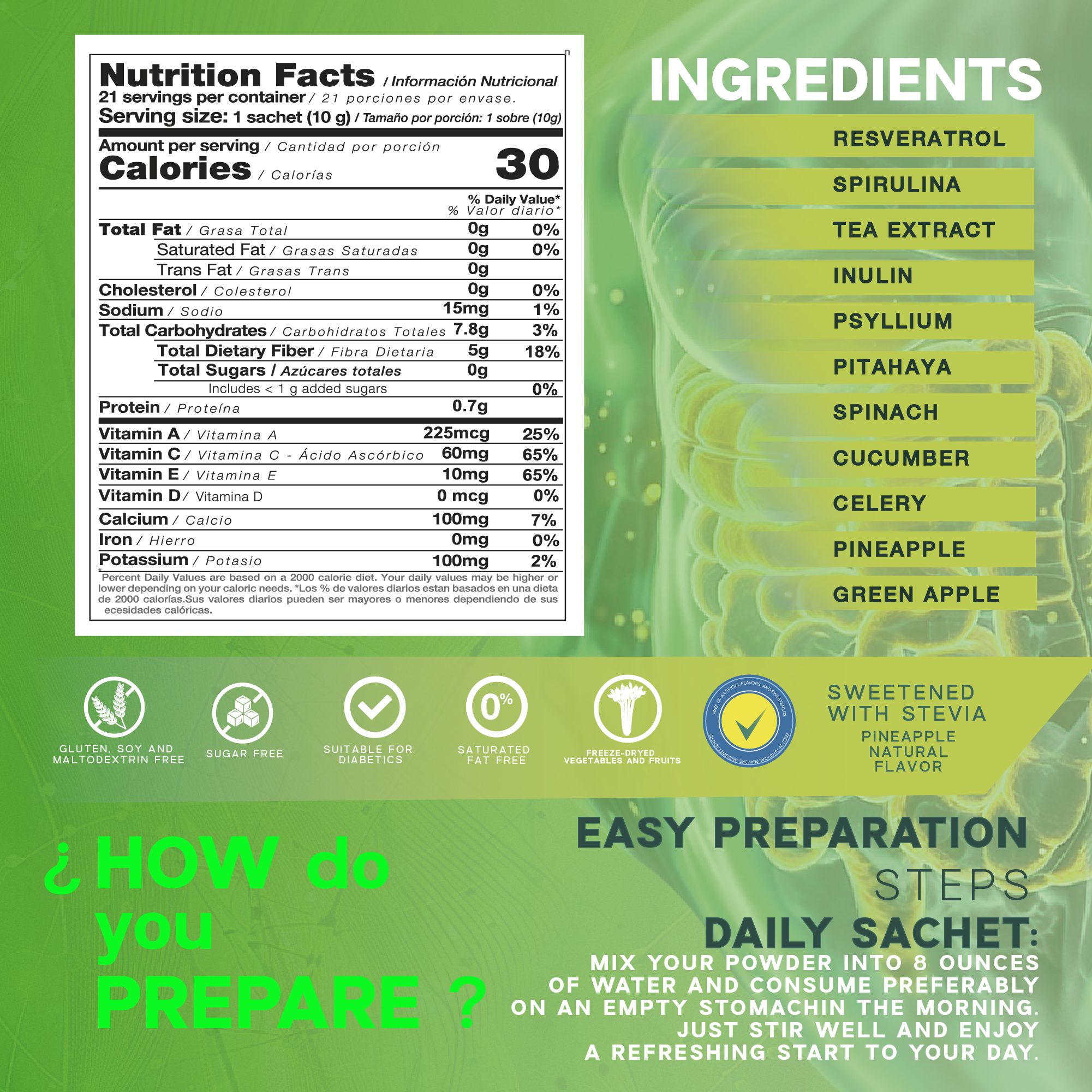 Nutritional information and ingredients of health supplement.