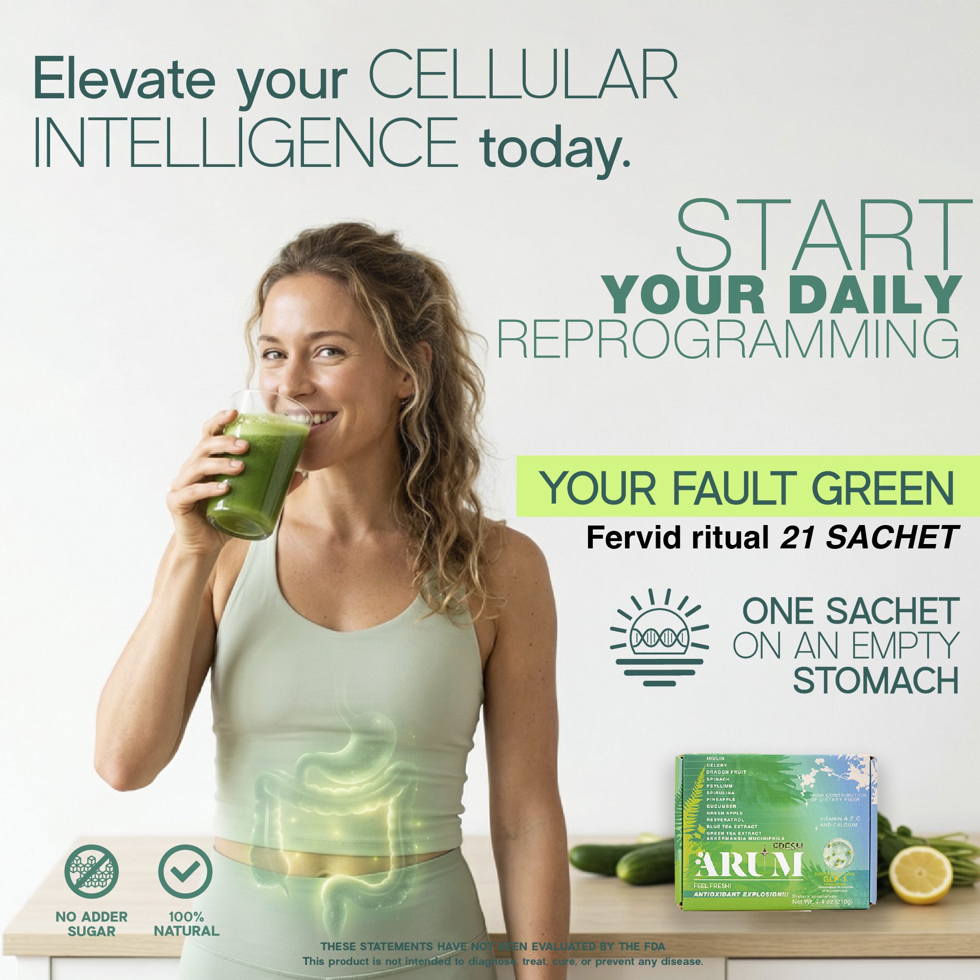 Woman drinking green juice, promoting health product.
