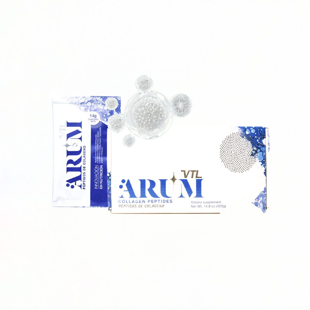 Collagen peptides supplement packaging with abstract design.