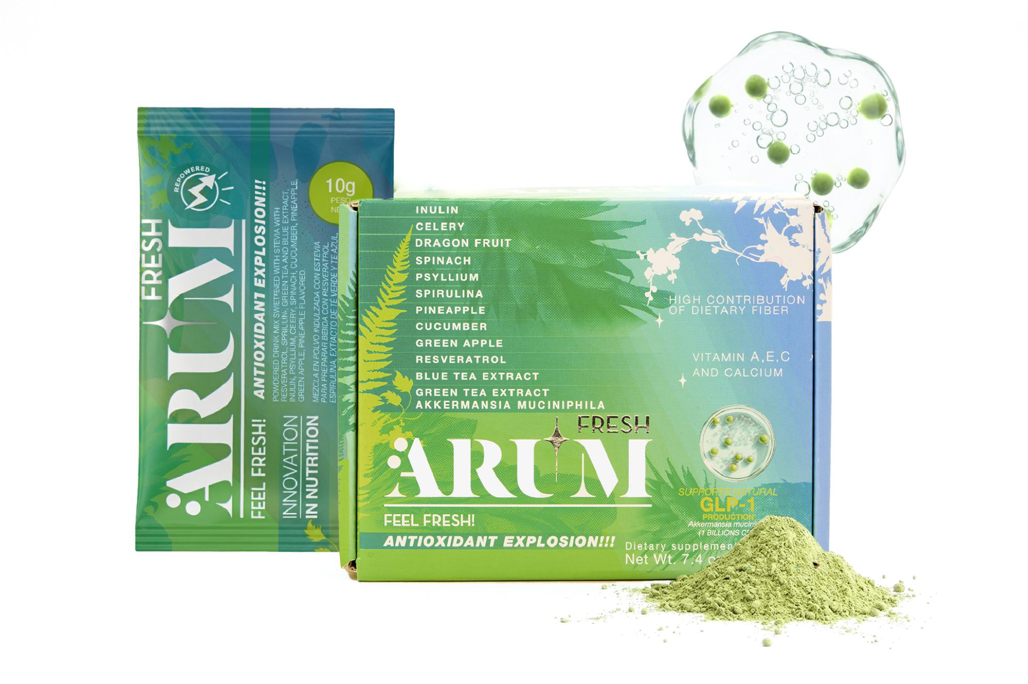 Green ARUM antioxidant supplement boxes and powder