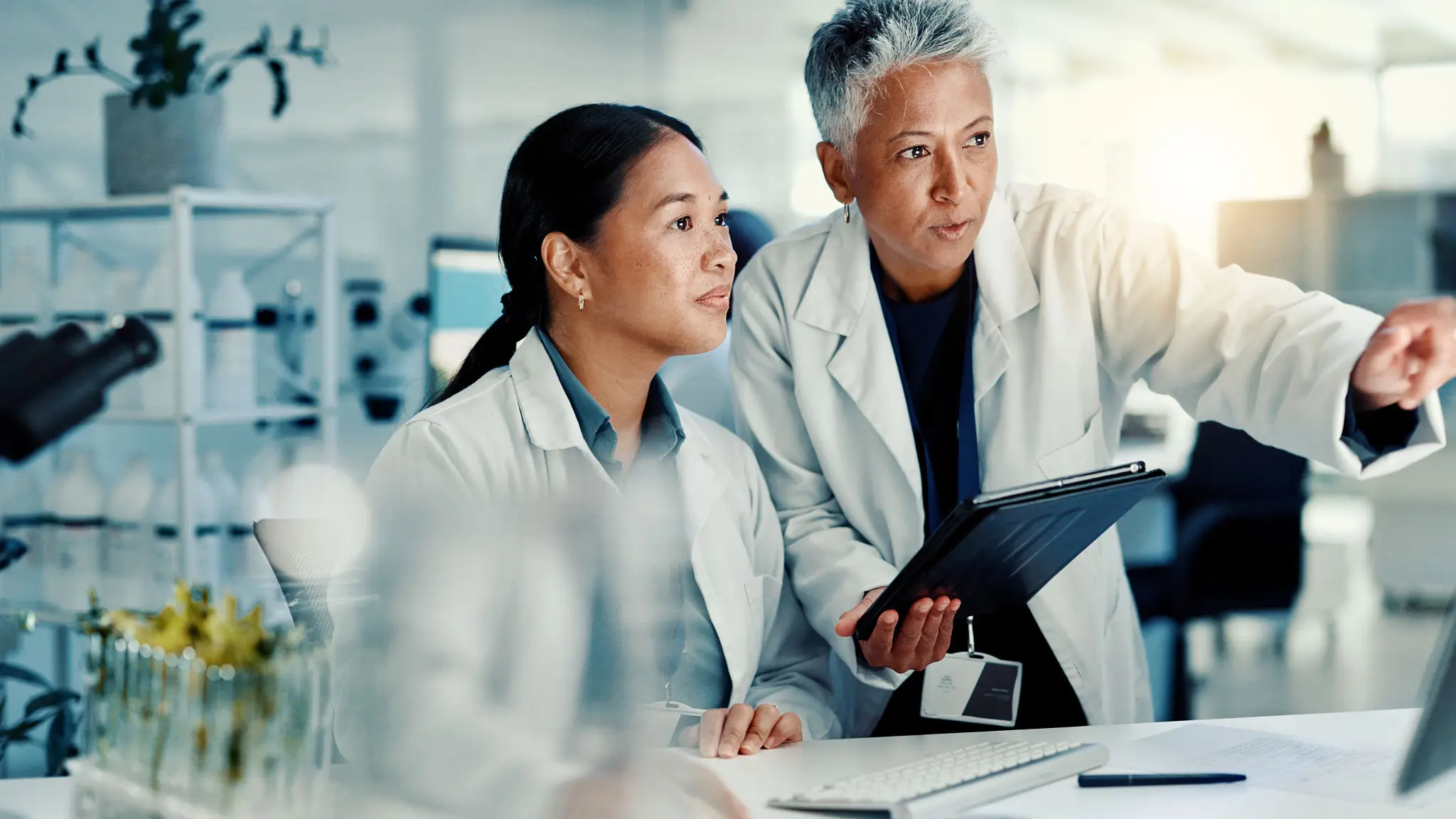 Two scientists in lab pointing at screen