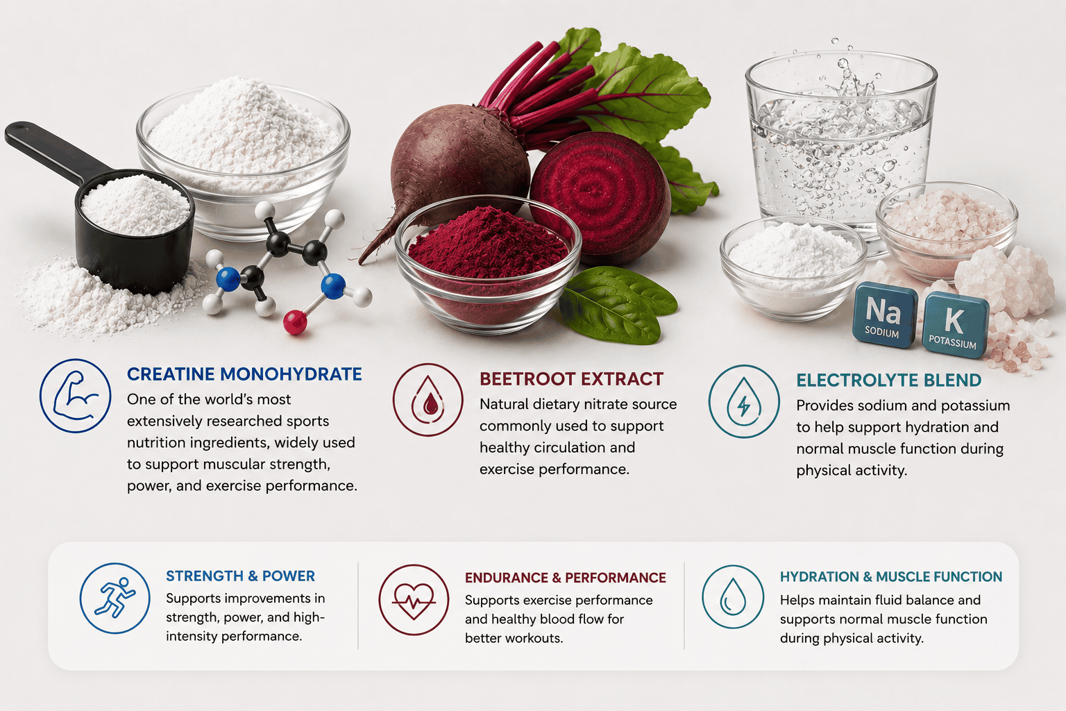 Creatine, beetroot extract, and electrolyte blend