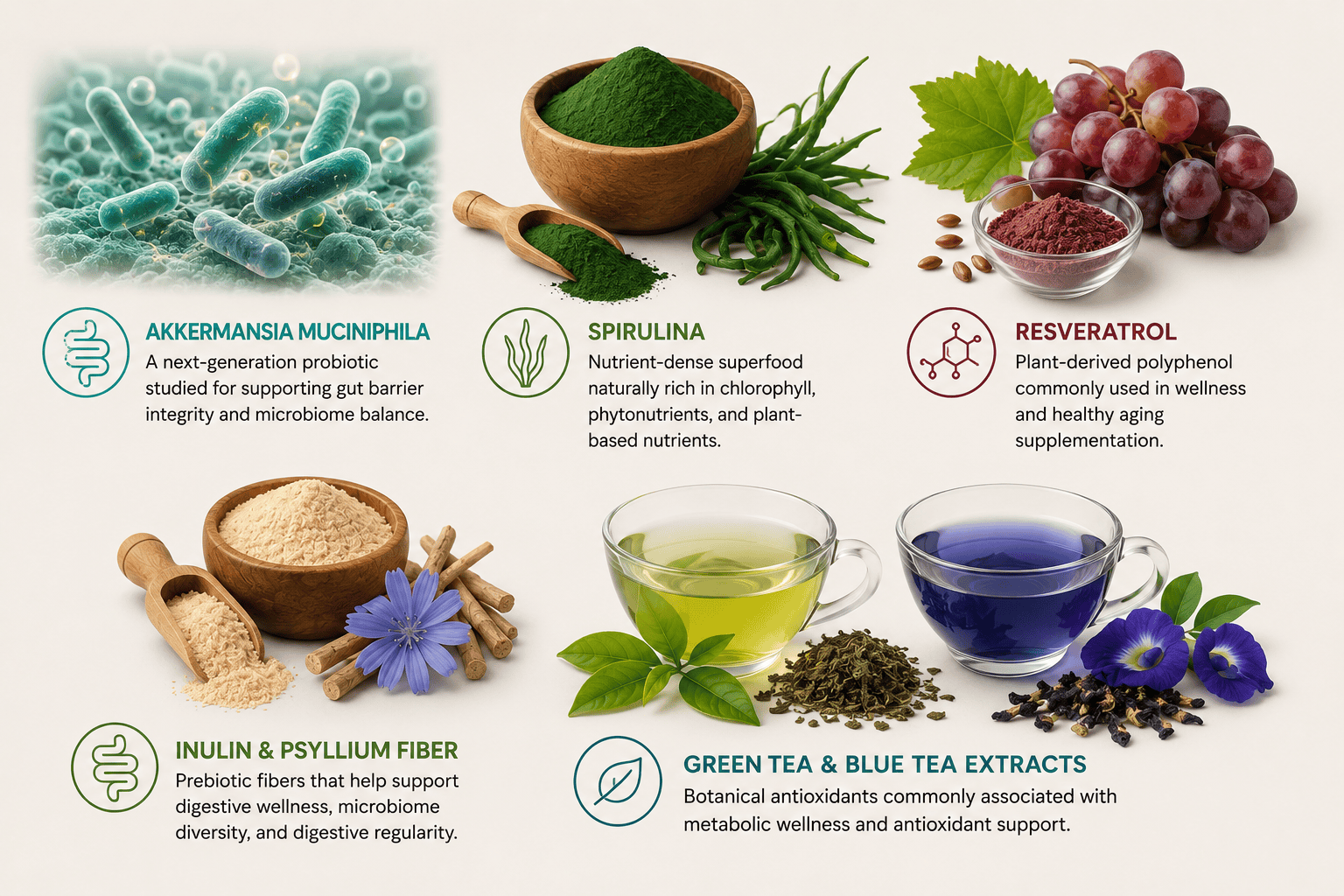 Assortment of botanical supplements and probiotics