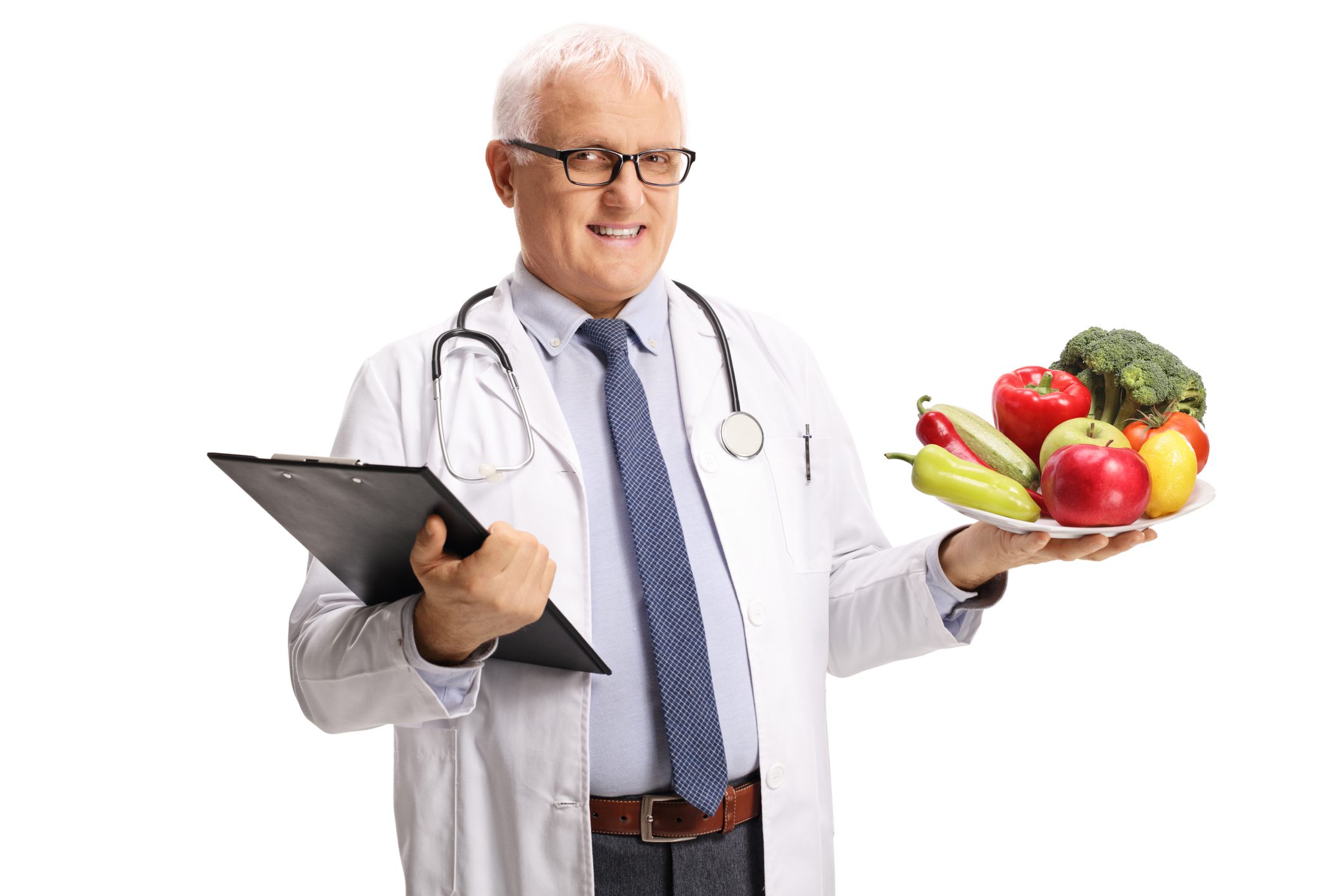 Doctor holding plate of fruits and vegetables