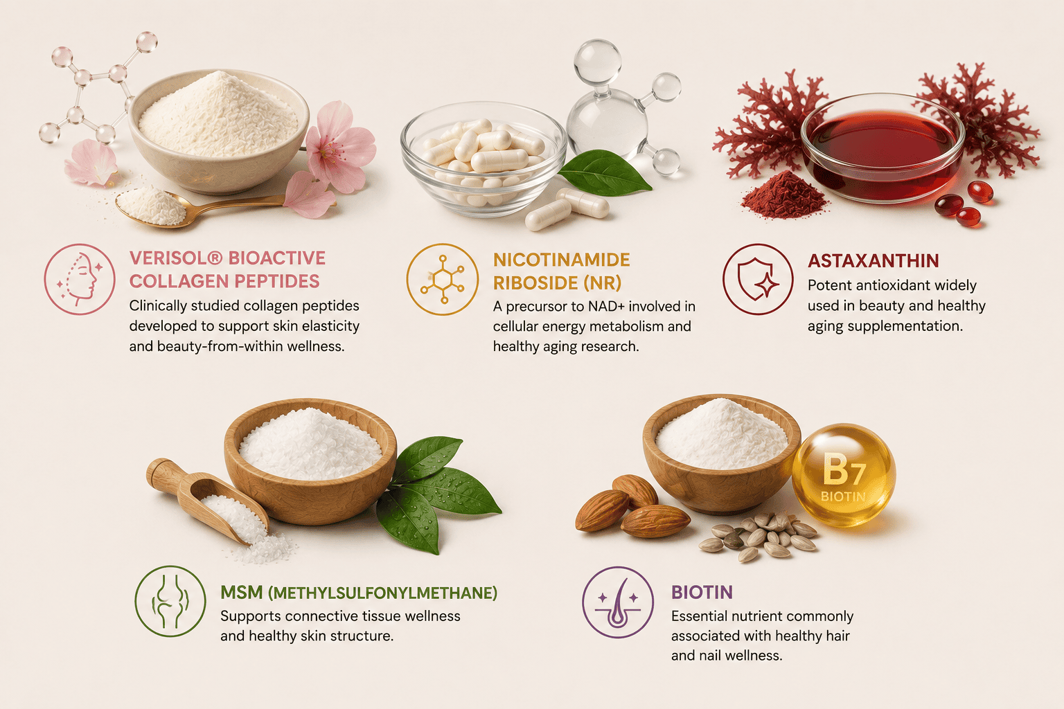 Collagen, astaxanthin, biotin ingredients skincare infographic
