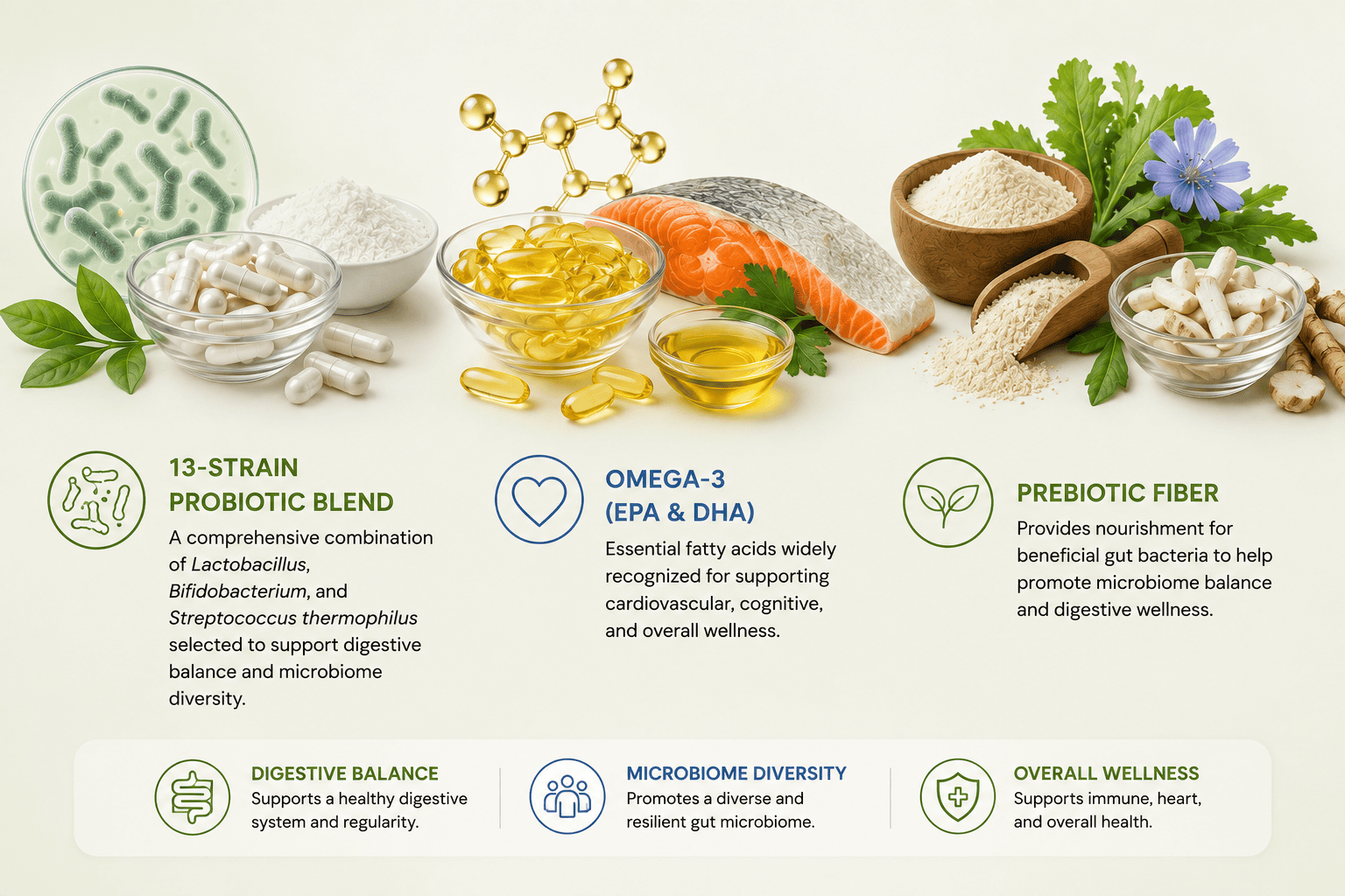Probiotic, omega-3, and prebiotic supplement ingredients