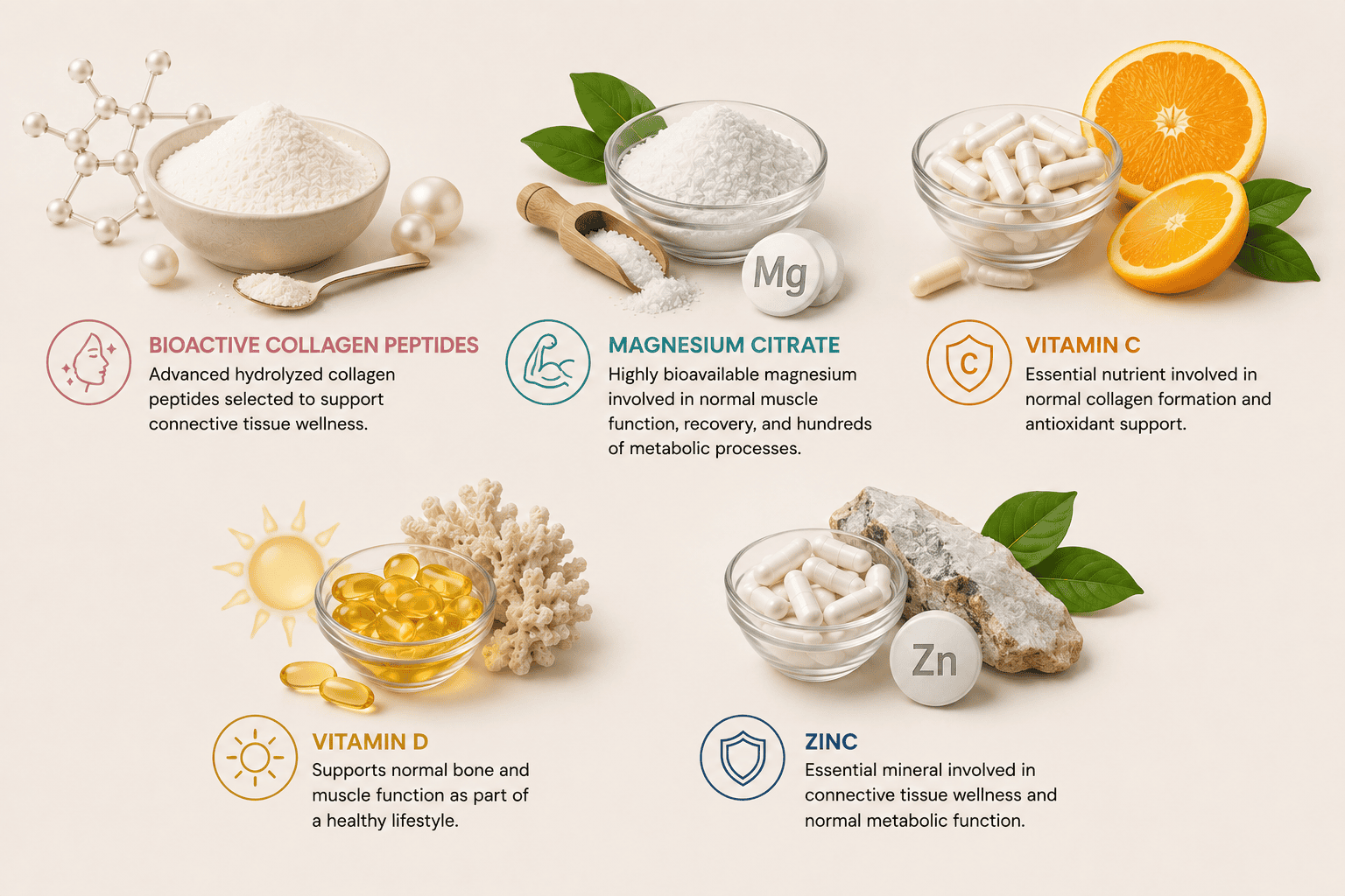 Supplement ingredients: collagen, magnesium, vitamins C, D, zinc
